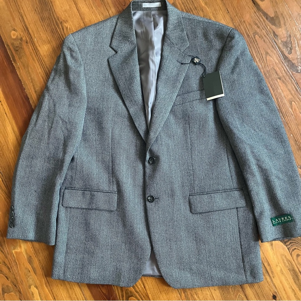Lauren Ralph Lauren Lambswool‎ Grey Herringbone Blazer Suit Jacket Size 41R NEW